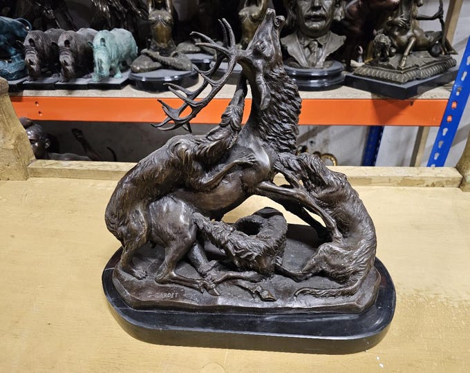 Bronze Deer and Hunting Dogs Sculpture on Marble Base