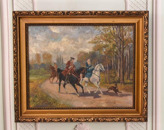 Antique Equestrian Painting – 1940s Oil on Canvas, Gold Frame