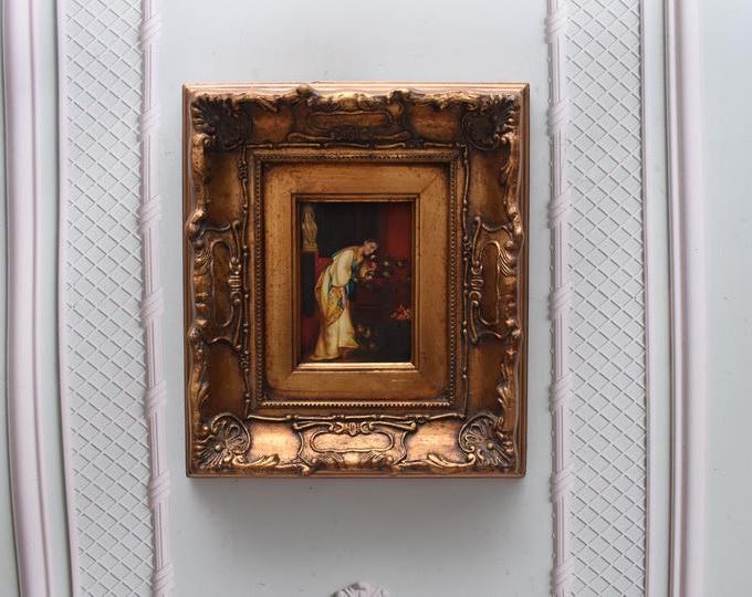 Painting Portrait Woman in Garden in White Dress - Nice Gold Frame - Portrait Oil on Wood - French Art - Wall Decor - Home Decor - Gift Idea