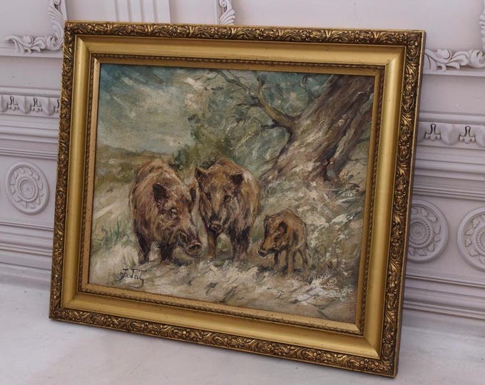 Antique Painting Family Boars - Oil on Canvas - Boars Art - Wall Decor - Polish Winter Landscape - Home Decor - Gift Idea