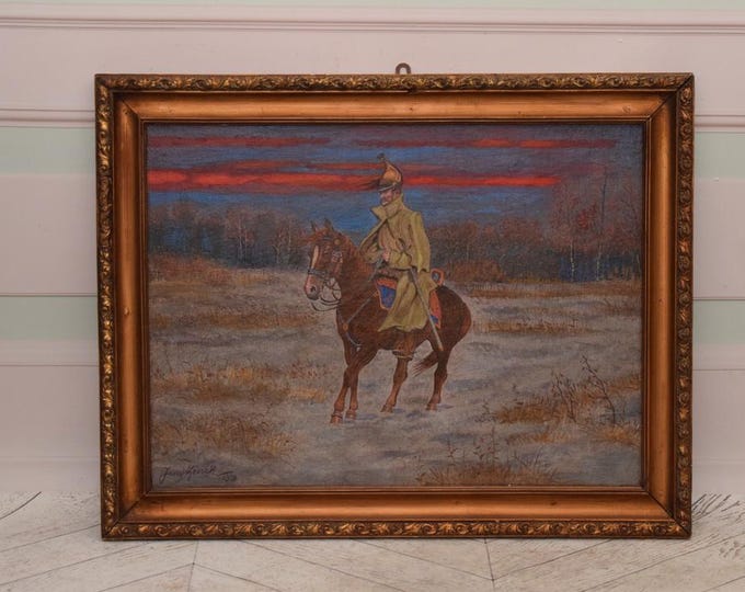 Antique Painting Soldier on Horse - Painting Kossak 1938 - Polish Soldier - Old Painting on Canvas - Gift for Polish Patriots - Wall Decor