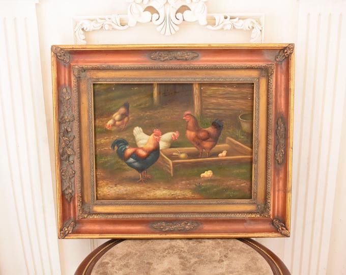 Vintage Rooster and Hen Painting – Golden Frame Farmhouse Wall Decor