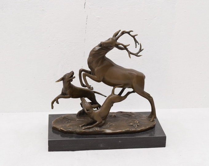 Hunting Dogs Hounds chasing Deer Bronze Sculpture  Figure Figurine   Gift Idea -