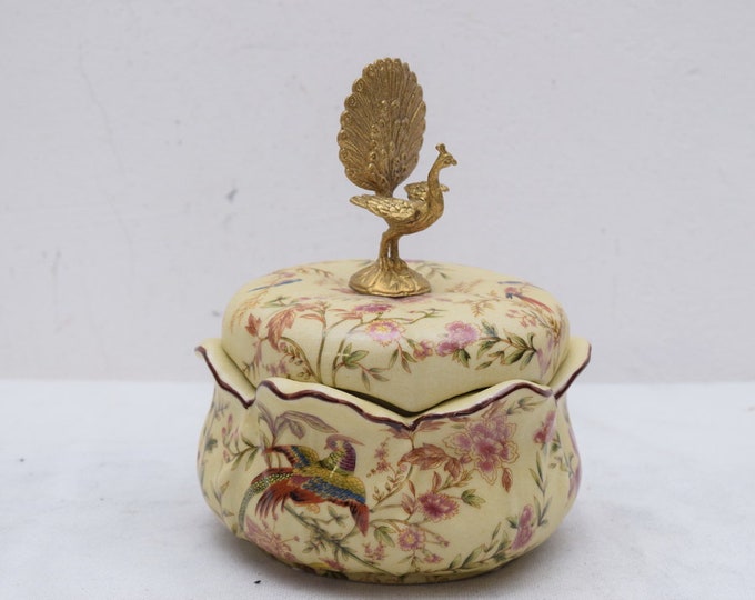 Porcelain casket - flower design - peacock bronze ornaments - vintage porcelain -