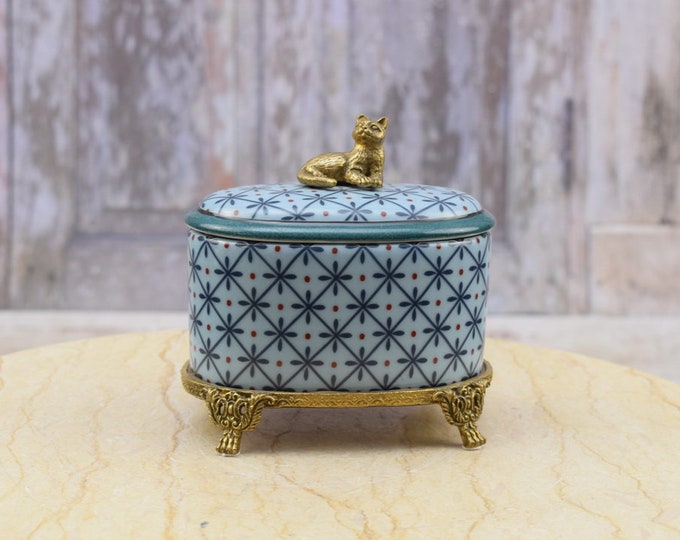 Antique Blue Porcelain Casket with Bronze Ornaments - Porcelain Box with Lid on Bronze Base - Cat-shaped Handle - Home Decor - Gift Idea