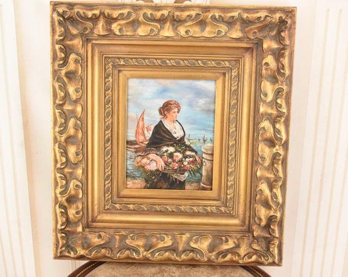 Vintage French Oil Painting – Aristocratic Lady with Flowers, Gold Frame