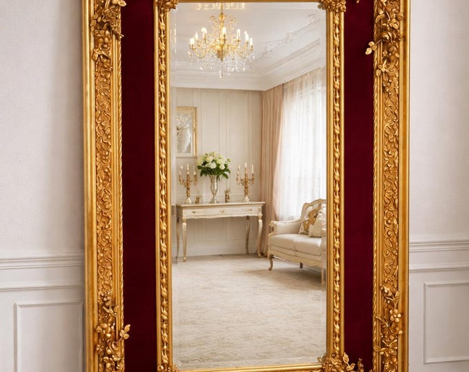 Baroque Style Gold Mirror: Red Suede & Crystal Flower Ornament Frame