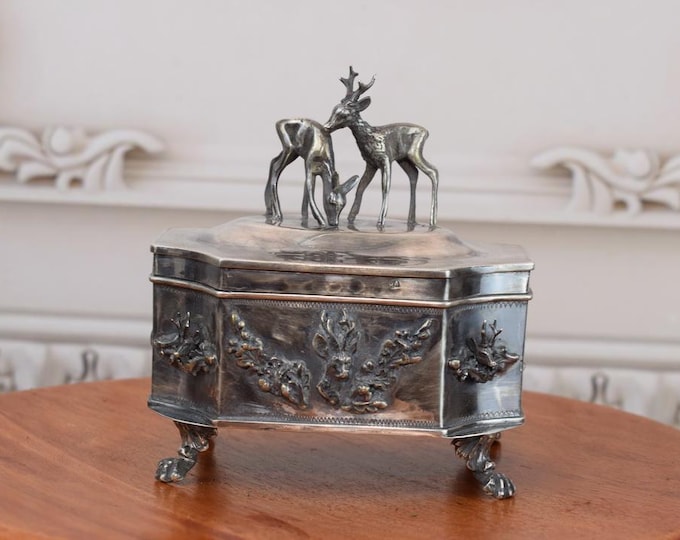 Antique Silver Sugar Box - Hunting Sugar Bowl Deer and Roe Deer - Imperial Russia Silver 84 - Tsar Silver - Collector Item - Gift Idea