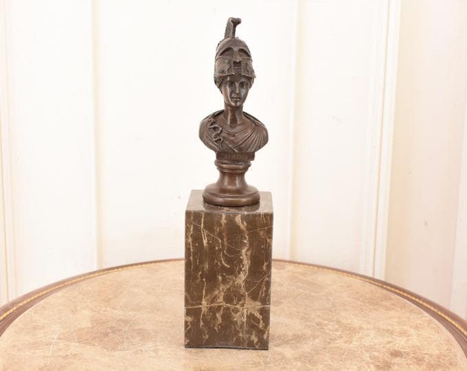 Vintage Bronze Athena Bust Sculpture – Classical Goddess on Marble Base – Mythological Decor