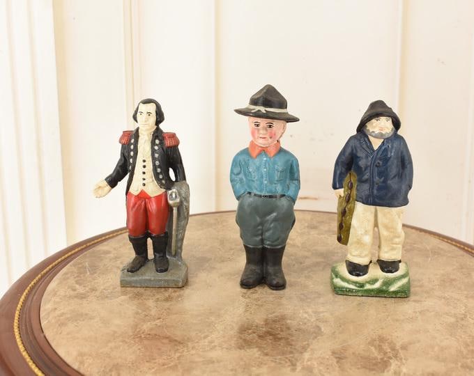 Vintage French Cast Iron Figurines – Collection of Three Figures – Sailor Fisherman, Aristocrat and Hunter