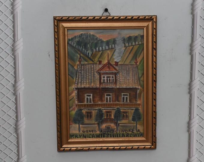 Nikifor Krynicki Painting – Old Krynica Zdroj – Pastel on Carton – Abstract Urban Architecture – Polish Art Gift