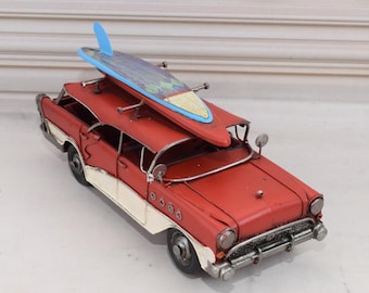 Vintage Red and White Metal Model Car: Classic American Surfing Auto