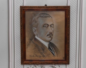 Antique Roman Dmowski Portrait: 1930 Polish Pastel Painting
