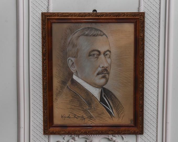 Antique Roman Dmowski Portrait: 1930 Polish Pastel Painting