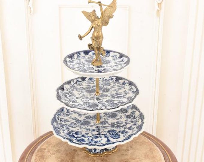 Blue Tiered Porcelain Stand with Bronze Angel Ornament – Signed Étagère Centerpiece
