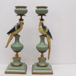 Pair Set Green Porcelain with Bronze Candlestick Parrots on a Branch Bird Parrot  Art Deco Gift -