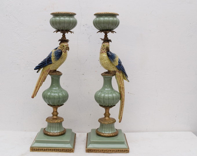 Pair Set Green Porcelain with Bronze Candlestick Parrots on a Branch Bird Parrot  Art Deco Gift -