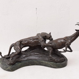 Attack Tiger Panther with Antelope Bronze Statue Large Sculpture  Animal Gift Idea -
