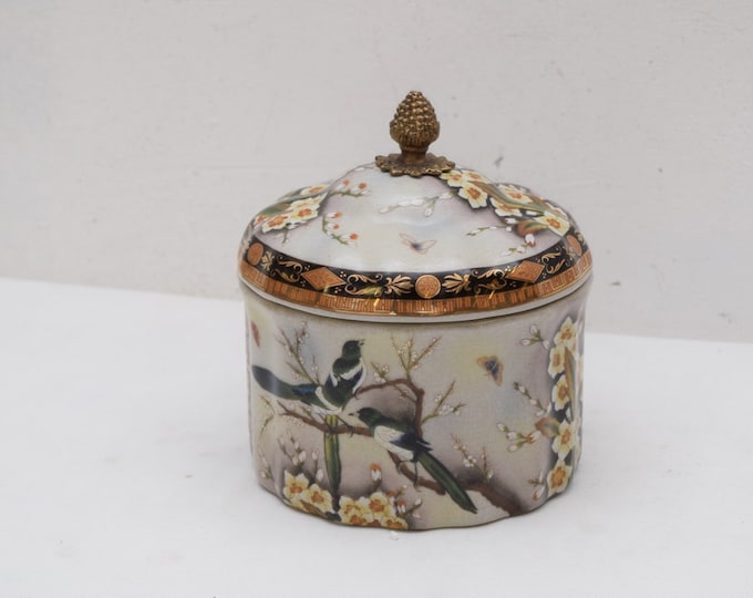 Porcelain casket - flower design - bird bronze ornaments - vintage porcelain -