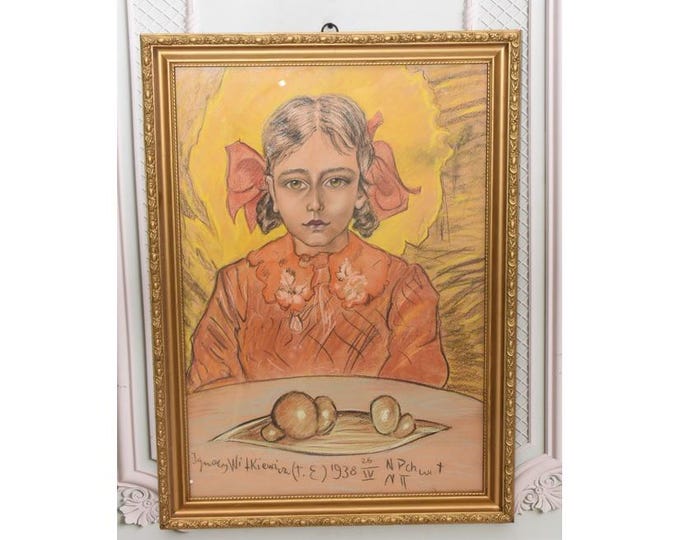 Antique Painting - Portrait Woman Witkacy 1938 - Old Painting on Carton - Drawing Pastel Art Nouveau - Home Decor - Wall Decor - Wall Art