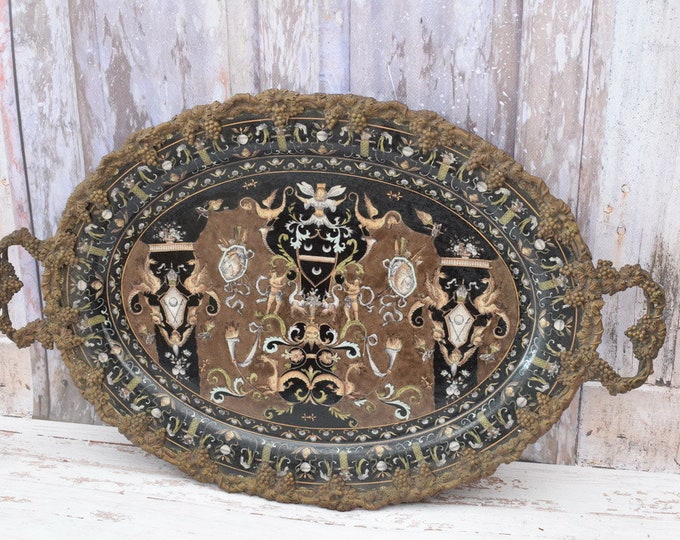 Unique Large Black Porcelain Plateau, Bronze Ornaments, French Porcelain Vintage, Flowers Design, Kitchen Decor, Gift for Wedding.