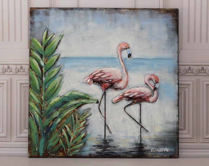 Painting 3d Metal - Two Flamingos Standing in Water - Handmade Painting  - Wall Art - Wall Decor - Home Decor