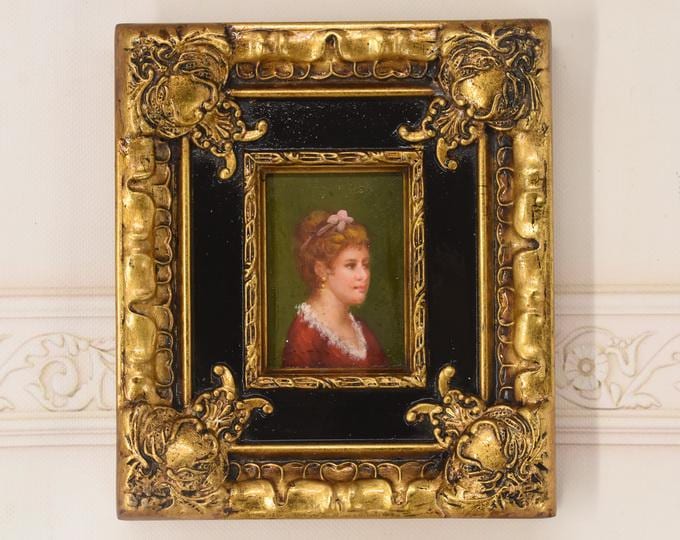 French Aristocrat Portrait Painting: Old Oil on Wood with Golden Frame