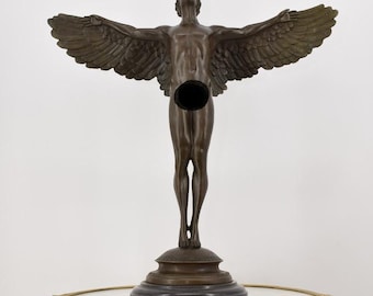 Large Icarus Bronze Sculpture: Vintage Winged Man Statue on Marble