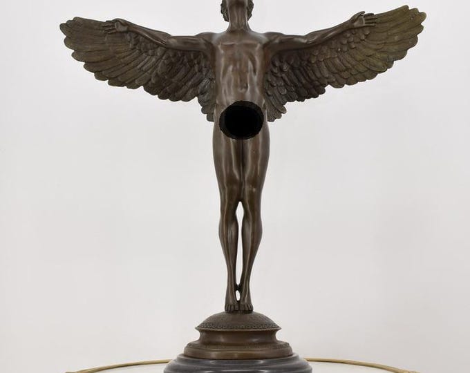 Very Large 31inc Icarus Bronze Sculpture on Marble Base - Vintage Figurine - Mythological Statue - Winged Man Act - Luxury Gift - Home Decor