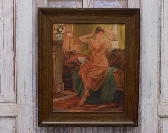 Old Handmade Oil - Woman in Antique Interior - Woman in Red Dress Painting - Mehoffer Antique Painting - Wall Decor - Home Decor