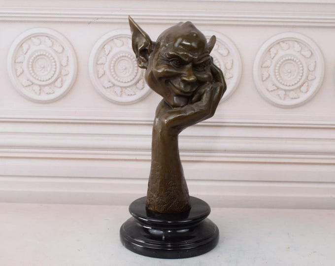 Pensive Elf Bronze Figure - Goblin Bronze Statue on Marble Base - Funny Pixie Bronze Sculpture - Gift Idea - Home Decor - Gift Idea