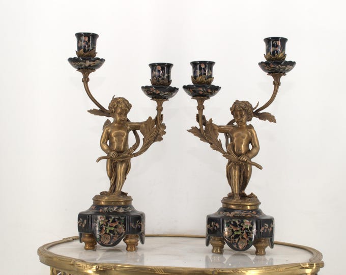 Black Porcelain Set Candlesticks - Porcelain with Bronze Angels - Candlesticks Angels - Antique Porcelain - Home Decor - Gift for Wedding