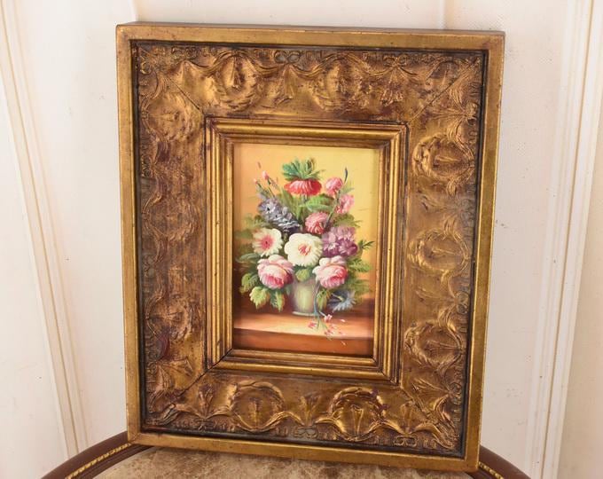Vintage Floral Oil Painting – European Still Life Vase Art