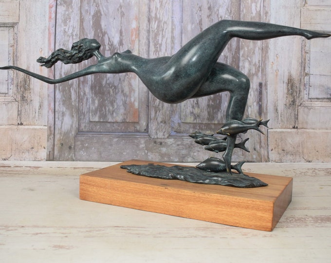LARGE Abstract Fat Swimming Woman and Fishes - Modernist Act Bronze on Wood Base - Foundry Mark - Home Decor - Gift for Wedding