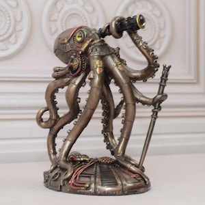 スチームパンクなタコの像と望遠鏡：ホームデコレーションのコレクターアイテム