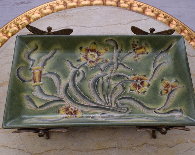 Porcelain Bowl with Bronze Ornaments - Dragonflies Bronze - Green Plateau Antique Porcelain - Home Decor - Regency Decor - Gift Idea