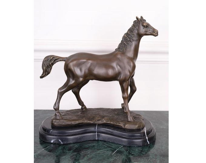 Large Horse Bronze Sculpture on Marble Base - Horse Art Statue - Foundry Mark - Solid Bronze - Gift Idea - Home Decor