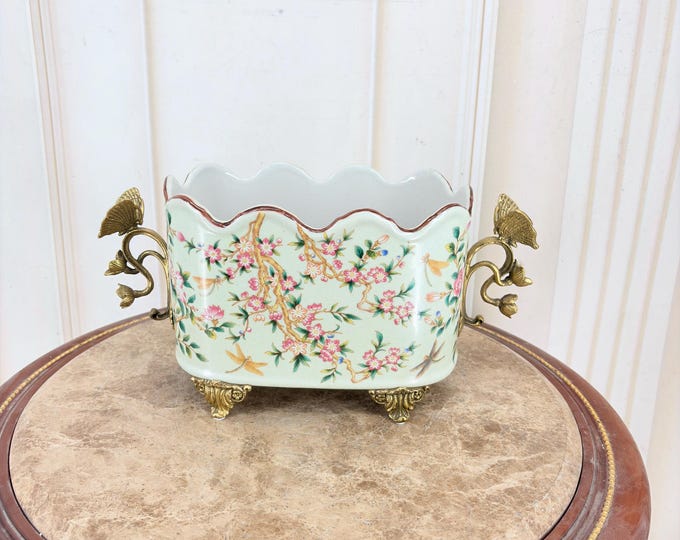 Antique Porcelain Mint Bowl with Bronze Butterflies – Vintage Plateau Home Decor