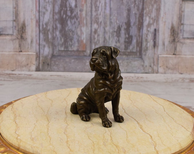 Sitting Dog Shar Pei Sculpture - Bronze Gift Dog Statue - Bulldog Figure Bronze - Gift Idea - Home Decor - Unique Statue