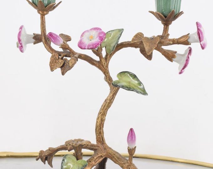 Porcelain and Bronze Candlestick – Hand-Painted Floral Porcelain Statue – Unique Candle Holder – Luxury Vintage Home Decor
