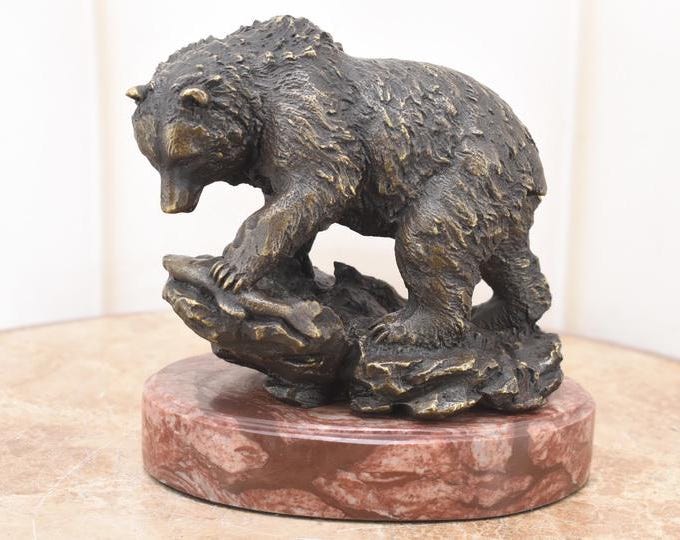 Vintage Bronze Grizzly Bear Statue – Wildlife Sculpture Home Decor