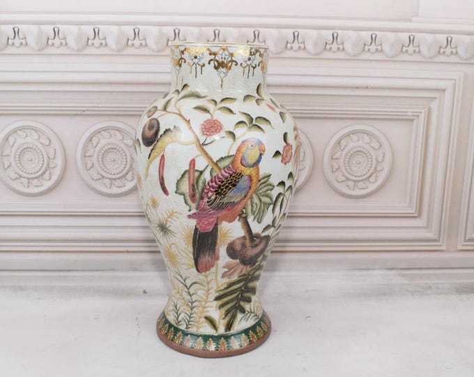 Unique Flower Vase with Parrots Design - Vintage Porcelain Floral Motif - Vase Art Nouveau - Parrots Art - Gift Idea for Wedding Home Decor