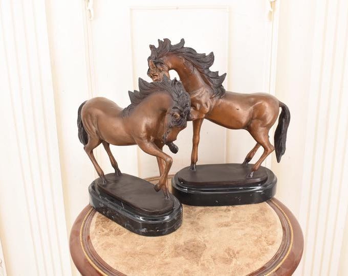Two Wild Horses Bronze Sculpture: Vintage Horse Art on Marble