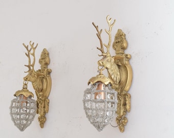 Pair Polished Brass Candlesticks - Head Deers Candelabrum Brass - Candle holders Deer - Hunting Chandeliers Gift Idea - Art Nouveau Style