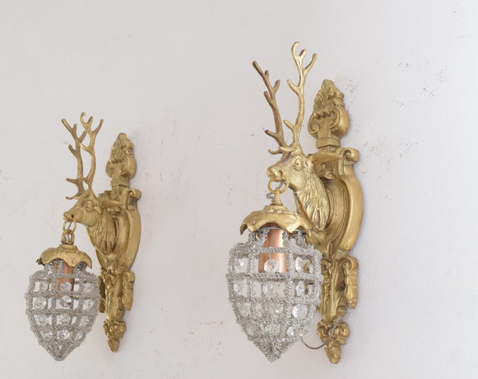 Pair Polished Brass Candlesticks - Head Deers Candelabrum Brass - Candle holders Deer - Hunting Chandeliers Gift Idea - Art Nouveau Style