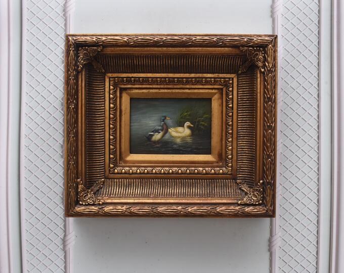 Painting Family White Ducks - Nice Frame - Ducks Painting Art - Old Oil on Wood - French Art - Wall Decor - Art Work Gift Idea for Birthday