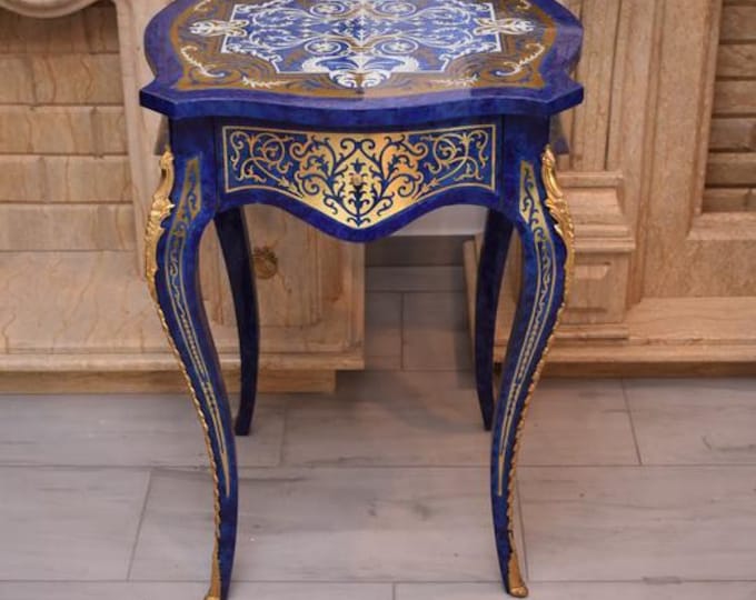 Boulle Style Table – Blue Gold Brass Inlay Look French Vintage Accent Furniture