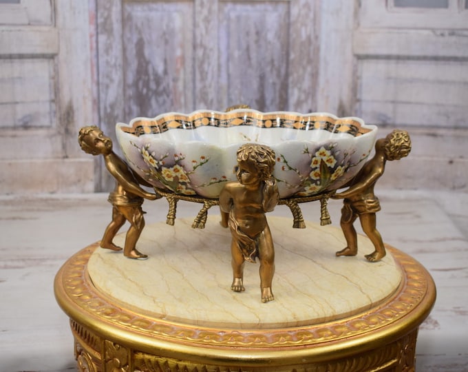 Porcelain bowl - bronze ornaments 4 angels - plateau porcelain vintage - luxury bowl - foundry mark - richly decorated - gift idea