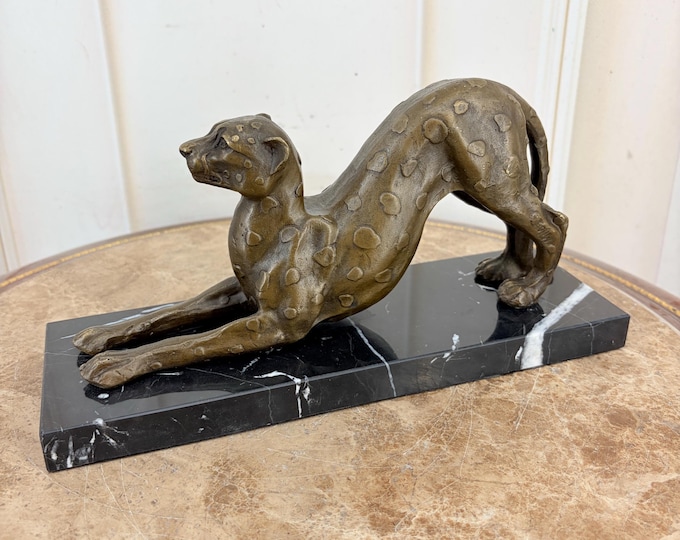 Signed Bronze Leopard Sculpture – French Art Deco Panther Statue, Marble Base