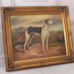 Vintage Gemälde auf Leinwand - Schöner Windhund - Wanddekor-Hund - Einzigartiger Rahmen - Windhundhund Kunst - Haus, Bürodekor - Geschenkidee